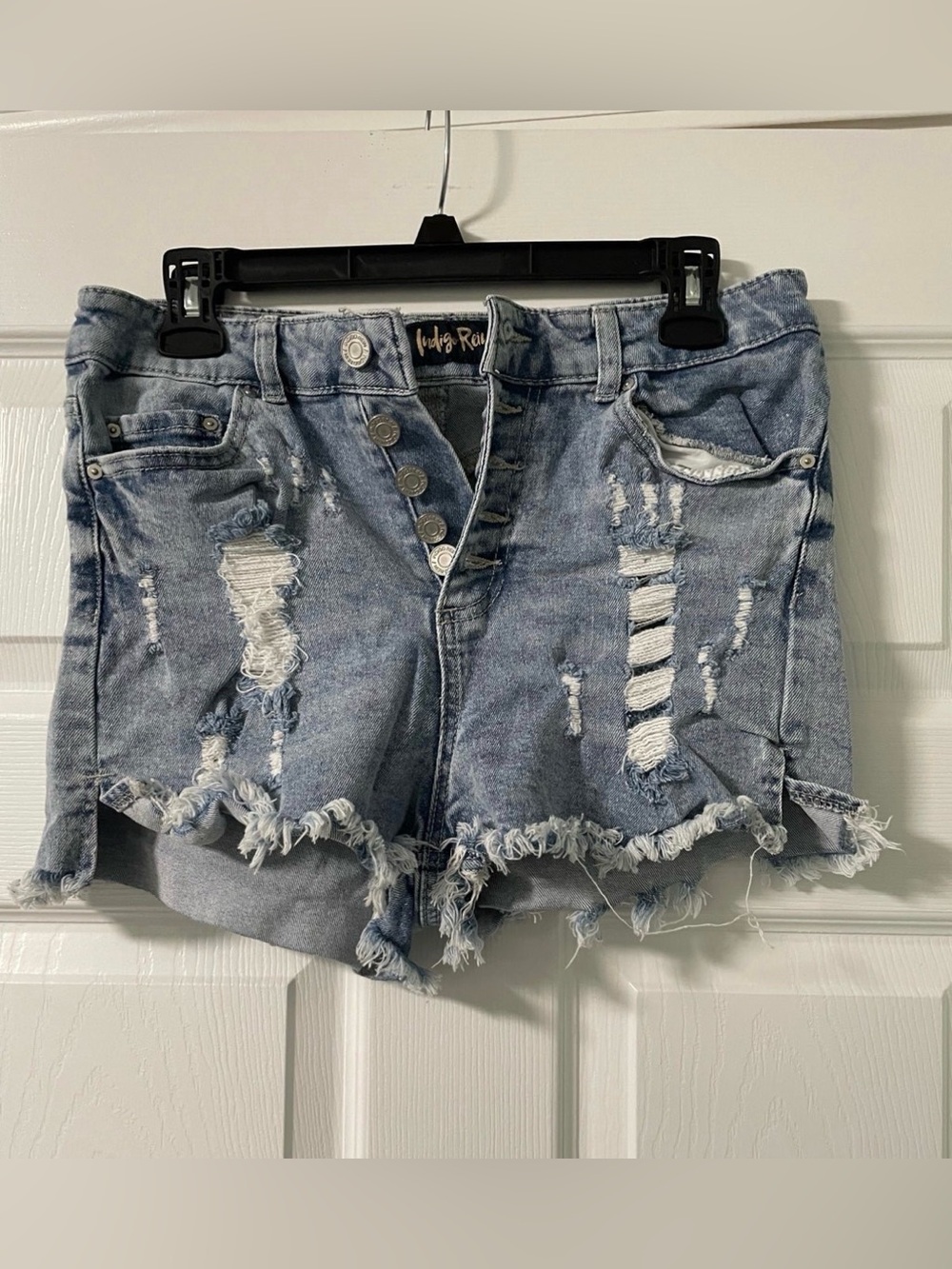 Indigo Rein Juniors Size 11 Distressed Denim Shorts High Rise Button Fly